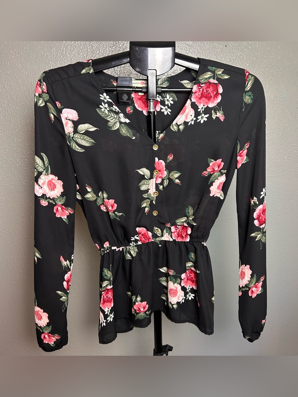 Wishful Park Black Long Sleeve Floral Peplum Blouse with Pink Roses